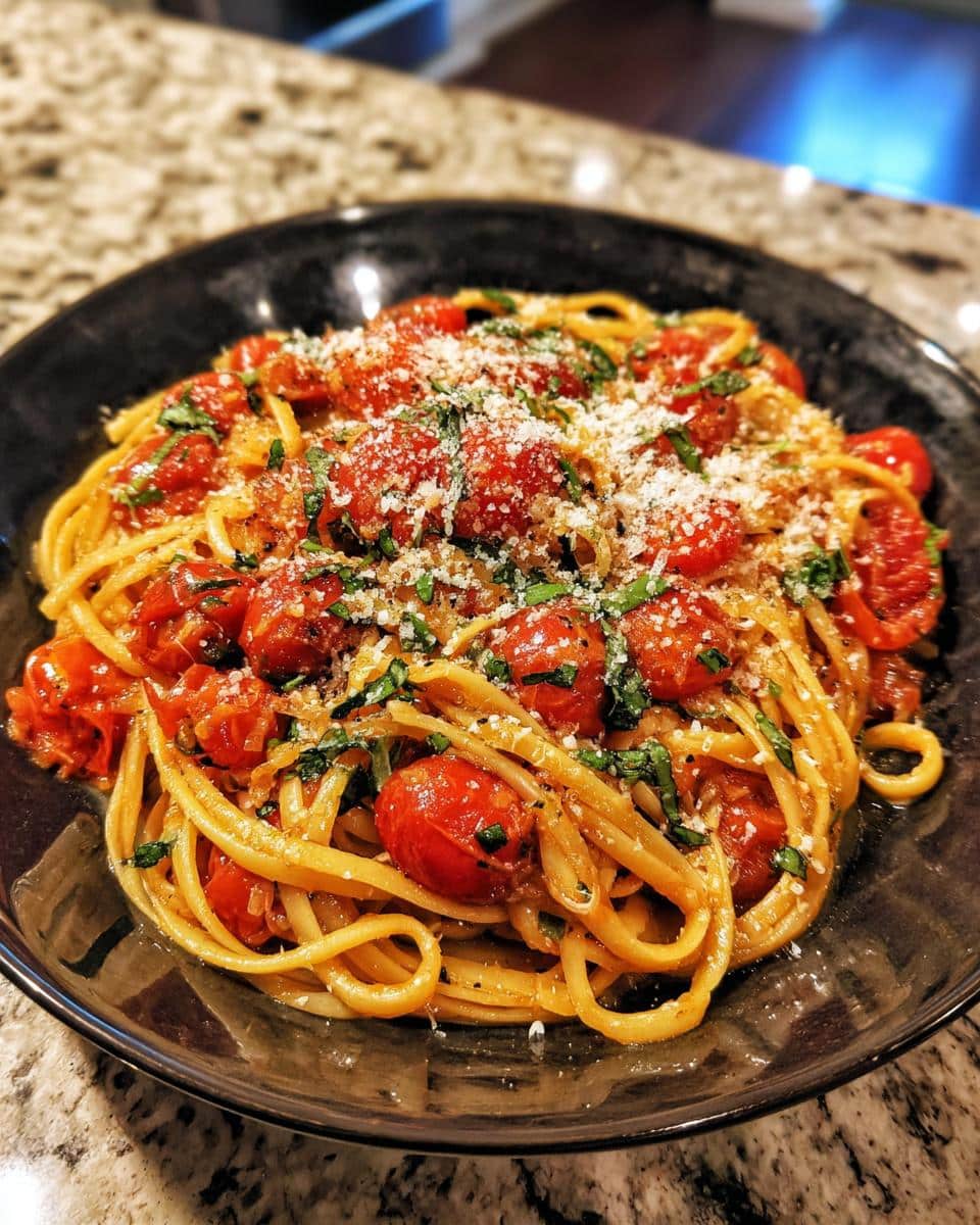 A close-up shot of a bowl of One Pot Tomato Basil Pasta, featuring linguine noodles, cherry tomatoes, fresh basil, and grated Parmesan cheese.