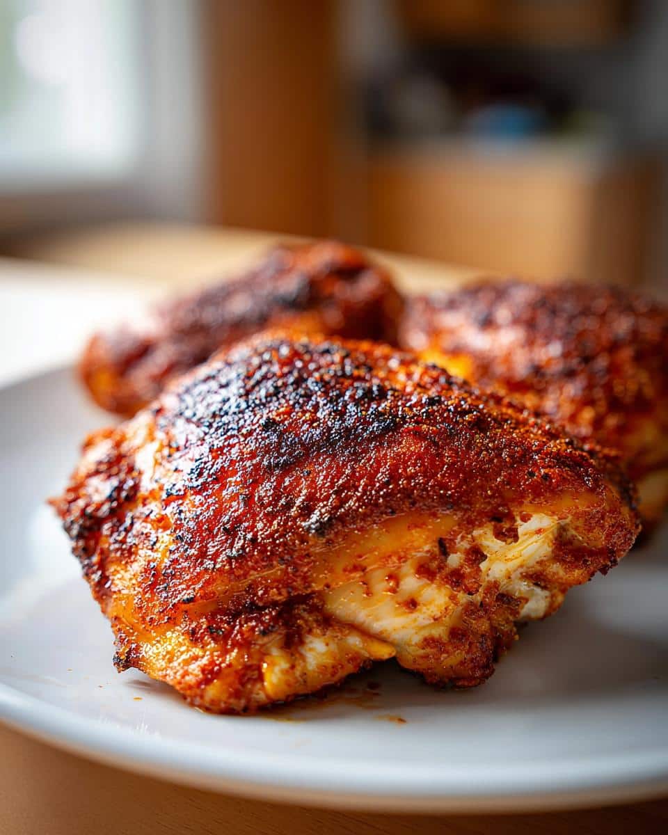 Juicy Paprika Rubbed Chicken Thighs in 35 Minutes Flat 4 Close-up of juicy paprika rubbed chicken thighs on a white plate, showcasing a crispy, seasoned skin.