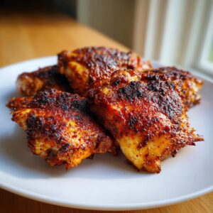 Juicy Paprika Rubbed Chicken Thighs in 35 Minutes Flat 6 Close-up of juicy paprika rubbed chicken thighs, perfectly seasoned and cooked, served on a white plate.