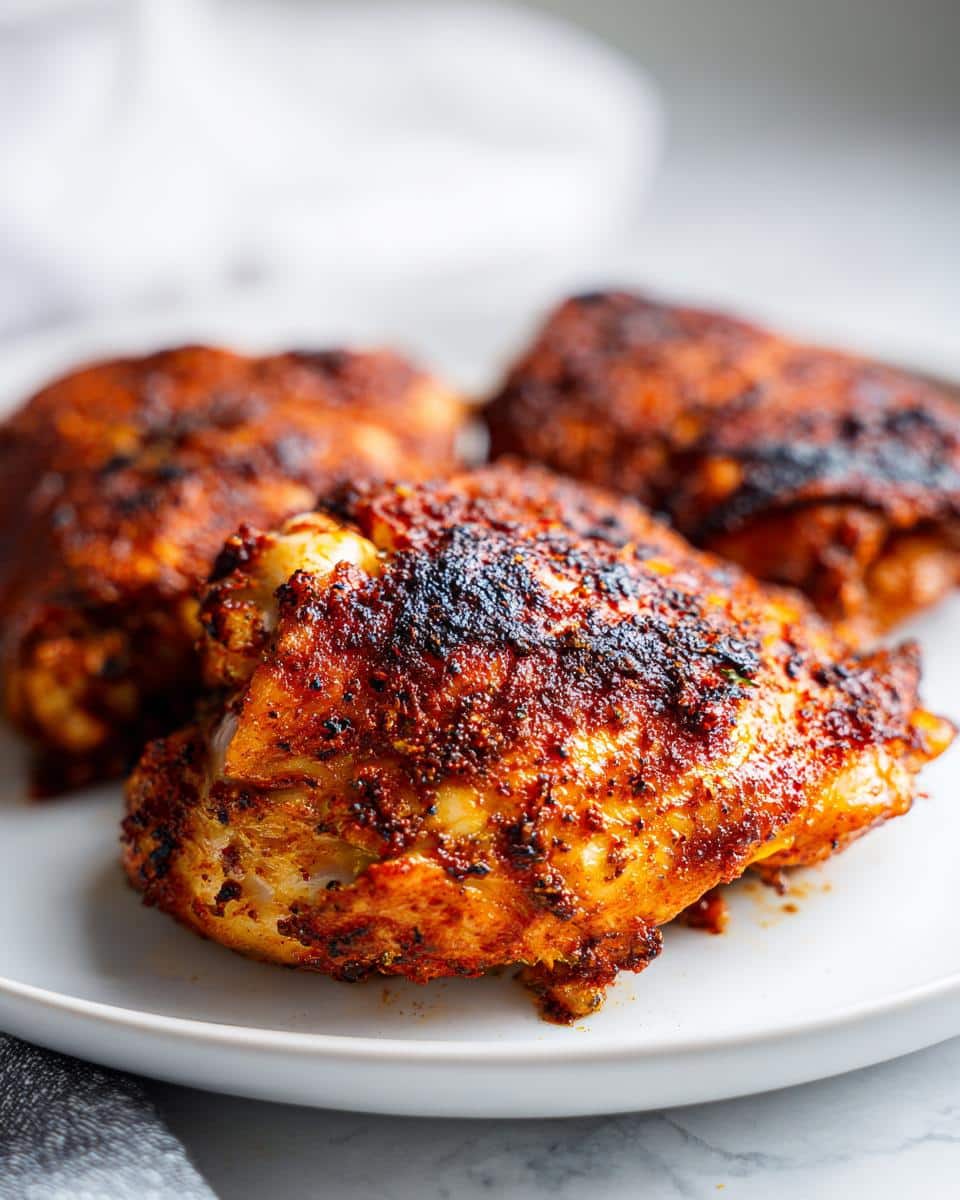 Juicy Paprika Rubbed Chicken Thighs in 35 Minutes Flat 2 Close-up of three juicy paprika rubbed chicken thighs on a white plate, with a slightly blurred background.