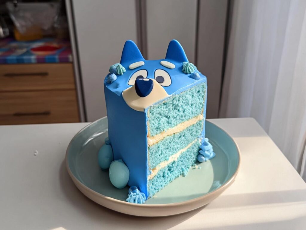 A slice of a vibrant blue Bluey cake with cream filling, decorated with Bluey's face and ears.