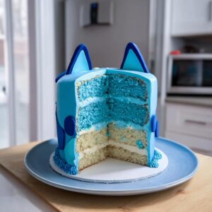 A slice of a Perfect Bluey Cake, revealing blue sponge cake and white vanilla cake layers with cream frosting.