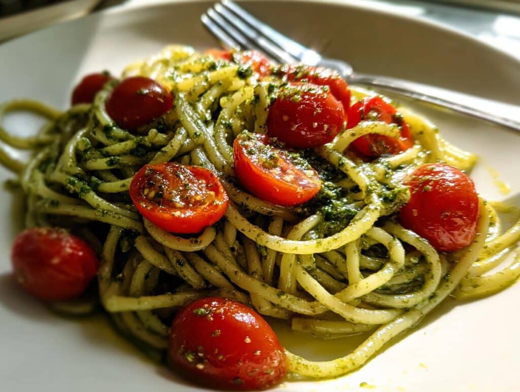 A close-up shot of Pesto Pasta with Cherry Tomatoes, featuring perfectly cooked pasta coated in vibrant green pesto and topped with halved cherry tomatoes.