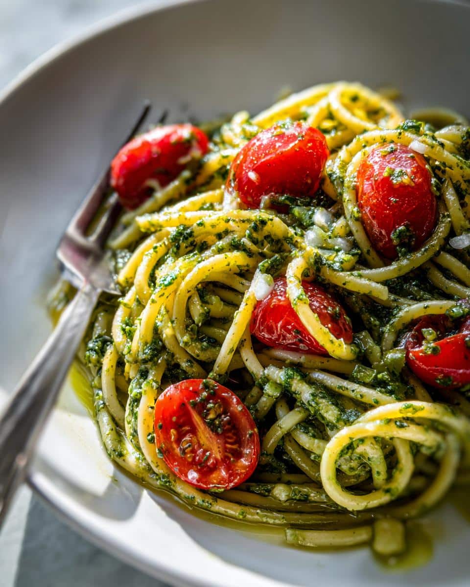Close-up of Pesto Pasta with Cherry Tomatoes, showing strands of spaghetti coated in vibrant green pesto and topped with halved cherry tomatoes.