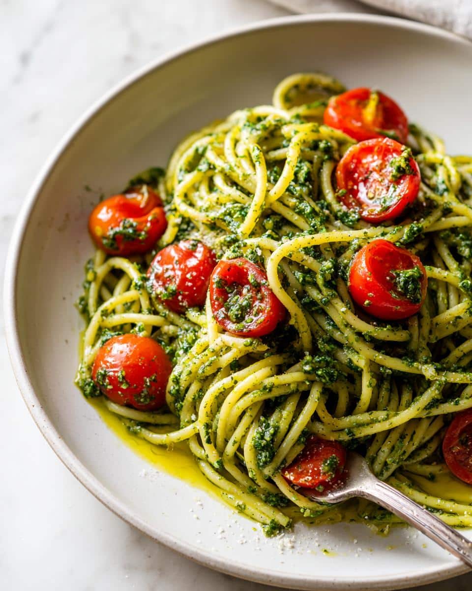 A close-up shot of Pesto Pasta with Cherry Tomatoes, showcasing vibrant green pesto coating the spaghetti and bright red cherry tomato halves.