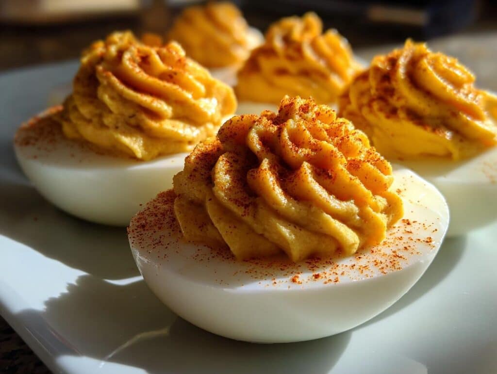 Close-up of Pumpkin Inspired Deviled Eggs, piped filling dusted with paprika on a white plate.