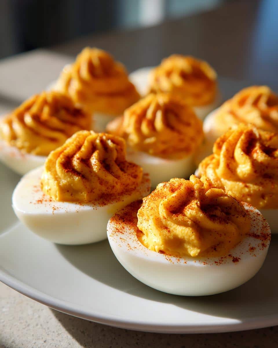 Pumpkin Inspired Deviled Eggs: 6-Ingredient Fall Magic 2 A close-up of several Pumpkin Inspired Deviled Eggs, garnished with paprika, on a white plate.
