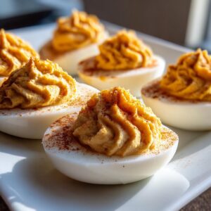 Pumpkin Inspired Deviled Eggs: 6-Ingredient Fall Magic 6 Close-up of a plate of Pumpkin Inspired Deviled Eggs, garnished with a sprinkle of paprika.