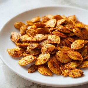 30-Minute Ranch Seasoned Roasted Pumpkin Seeds You'll Devour 6 A close-up shot of a pile of Ranch Seasoned Roasted Pumpkin Seeds on a white plate.