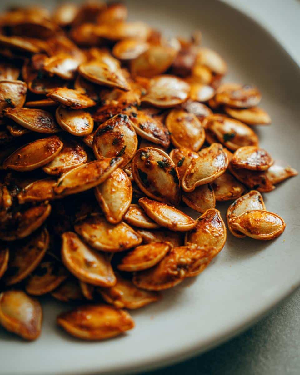 30-Minute Ranch Seasoned Roasted Pumpkin Seeds You'll Devour 2 A close-up shot of a pile of Ranch Seasoned Roasted Pumpkin Seeds on a white plate.