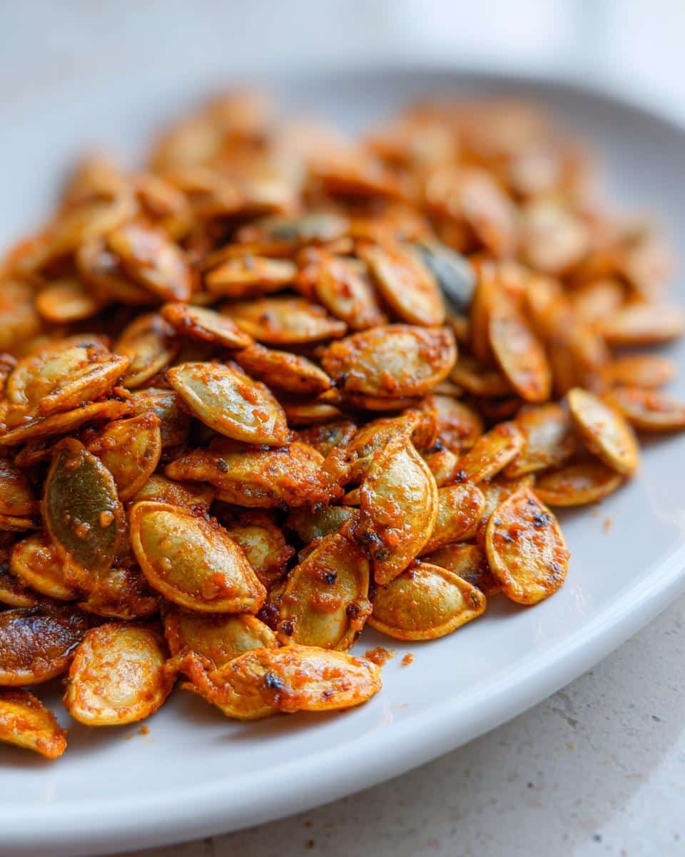 30-Minute Ranch Seasoned Roasted Pumpkin Seeds You'll Devour 3 Close-up of a pile of Ranch Seasoned Roasted Pumpkin Seeds on a white plate, seasoned with spices.