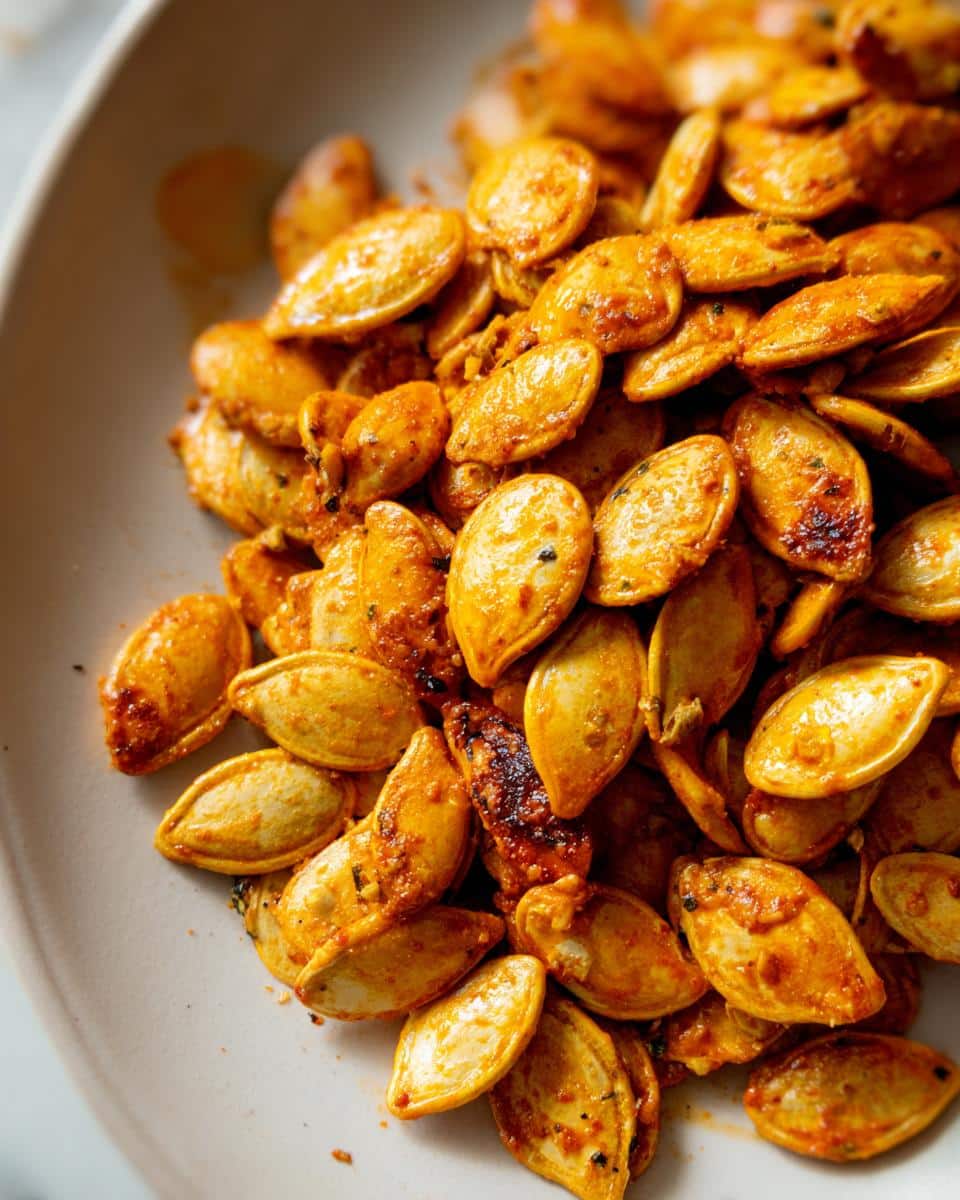 30-Minute Ranch Seasoned Roasted Pumpkin Seeds You'll Devour 4 A close-up, overhead shot of a pile of seasoned ranch roasted pumpkin seeds on a light-colored plate.