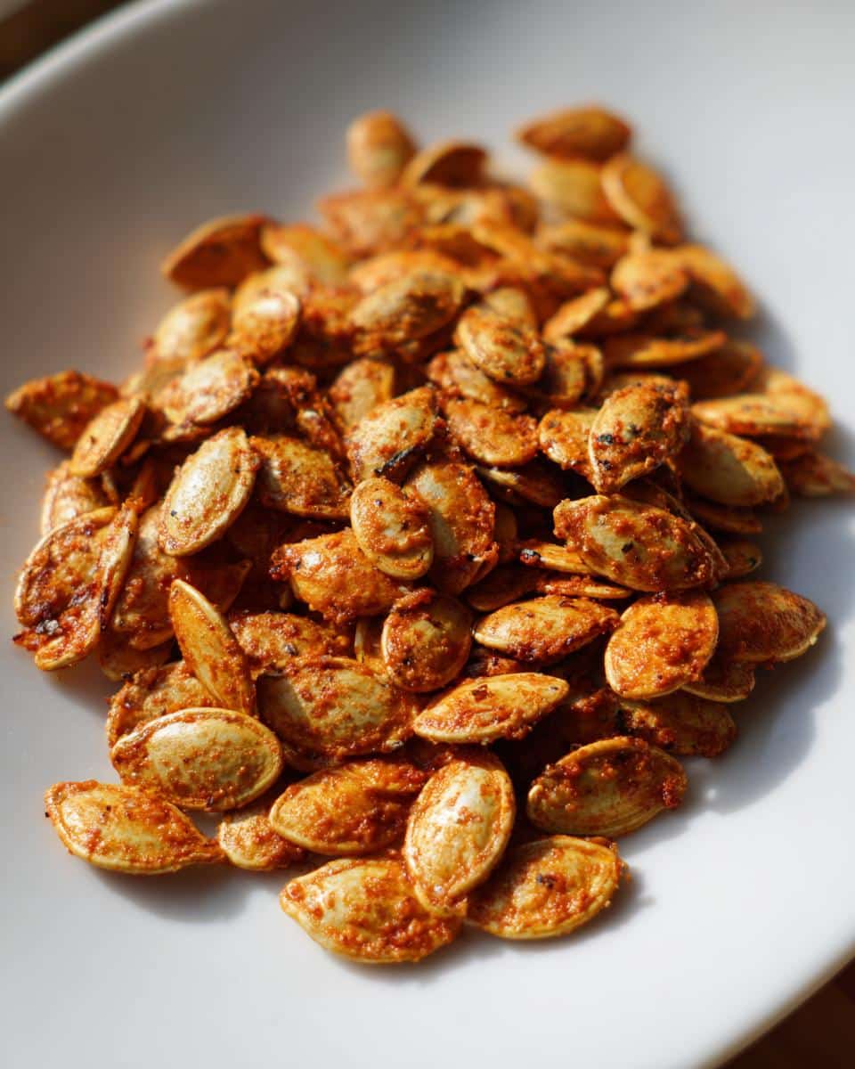 30-Minute Ranch Seasoned Roasted Pumpkin Seeds You'll Devour 5 Close-up shot of a pile of seasoned ranch roasted pumpkin seeds in a white bowl.