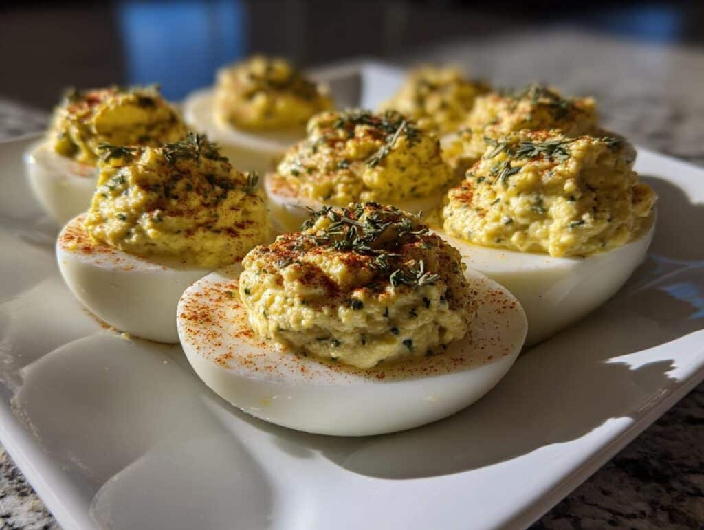 Close-up of Savory Herb Deviled Eggs for Halloween, garnished with herbs and paprika, on a white platter.