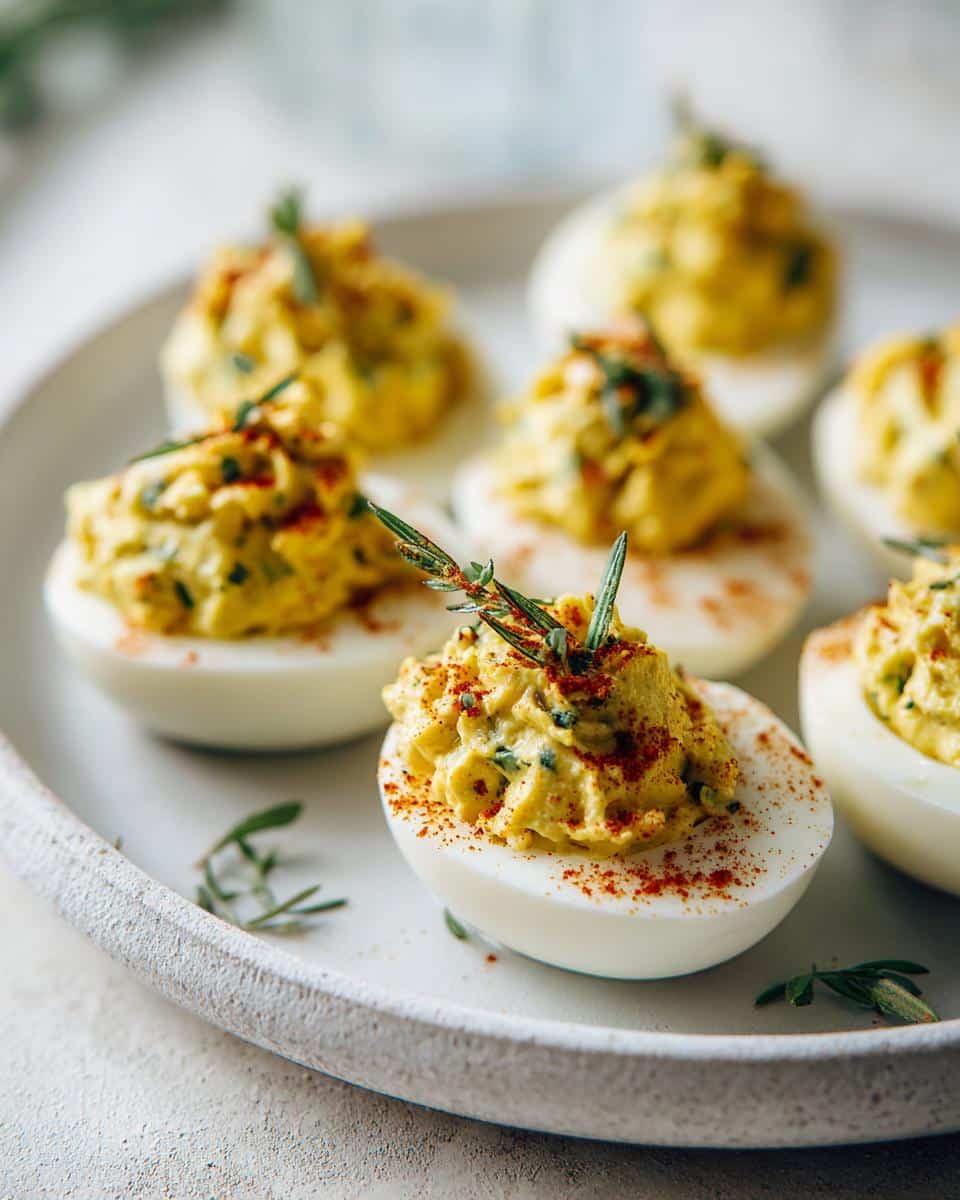 Spooky Savory Herb Deviled Eggs for Halloween in 30 Minutes 3 Close-up of Savory Herb Deviled Eggs for Halloween, garnished with paprika and rosemary.