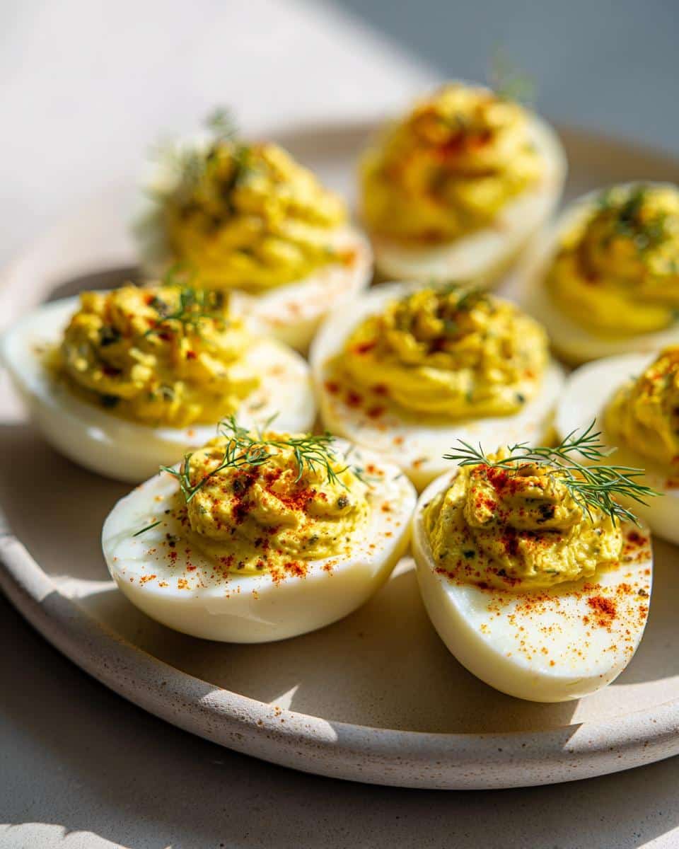 Spooky Savory Herb Deviled Eggs for Halloween in 30 Minutes 4 Close-up of Savory Herb Deviled Eggs for Halloween, garnished with dill and paprika.