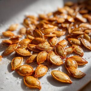 Irresistible Sea Salt Olive Oil Roasted Pumpkin Seeds Recipe 6 A close-up shot of crispy Sea Salt Olive Oil Roasted Pumpkin Seeds sprinkled with coarse sea salt.