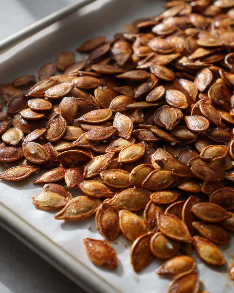 Irresistible Sea Salt Olive Oil Roasted Pumpkin Seeds Recipe 4 Close-up of perfectly roasted Sea Salt Olive Oil Roasted Pumpkin Seeds on a baking sheet, glistening with oil and sprinkled with salt.