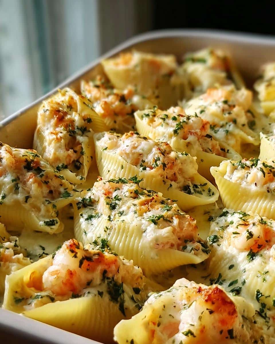 Close-up of baked Seafood Stuffed Shells in a baking dish, topped with parsley.