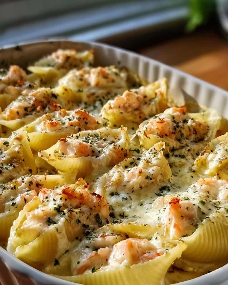 Close-up of golden-brown seafood stuffed shells baked in a white dish, topped with melted cheese and herbs.