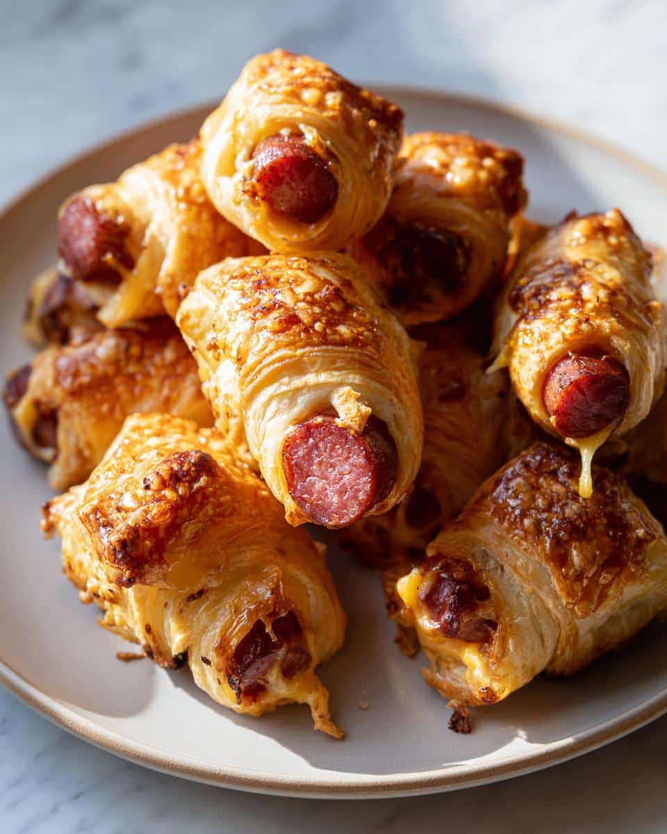 A close-up of a pile of golden-brown Smoky Mummy Pigs with Cheddar, showing flaky pastry and melted cheese.