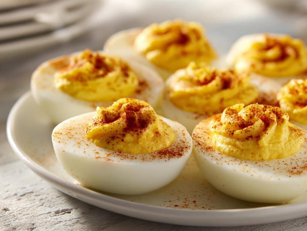 Close-up of a plate of Smoky Paprika Deviled Eggs for Halloween, sprinkled with paprika.