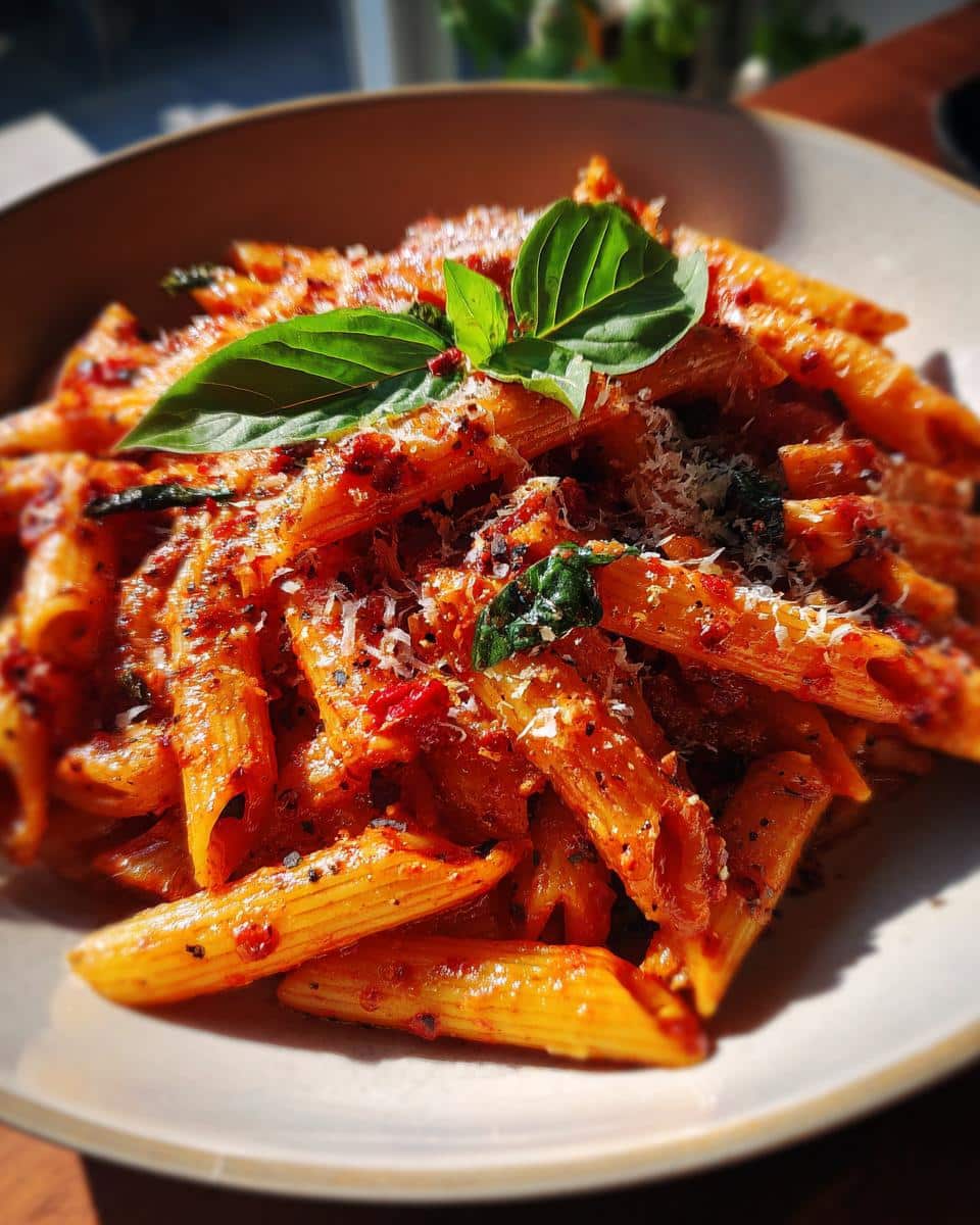 A close-up of a bowl of Spicy Arrabbiata Pasta, featuring penne pasta coated in a rich tomato sauce, garnished with fresh basil leaves and shredded Parmesan cheese.
