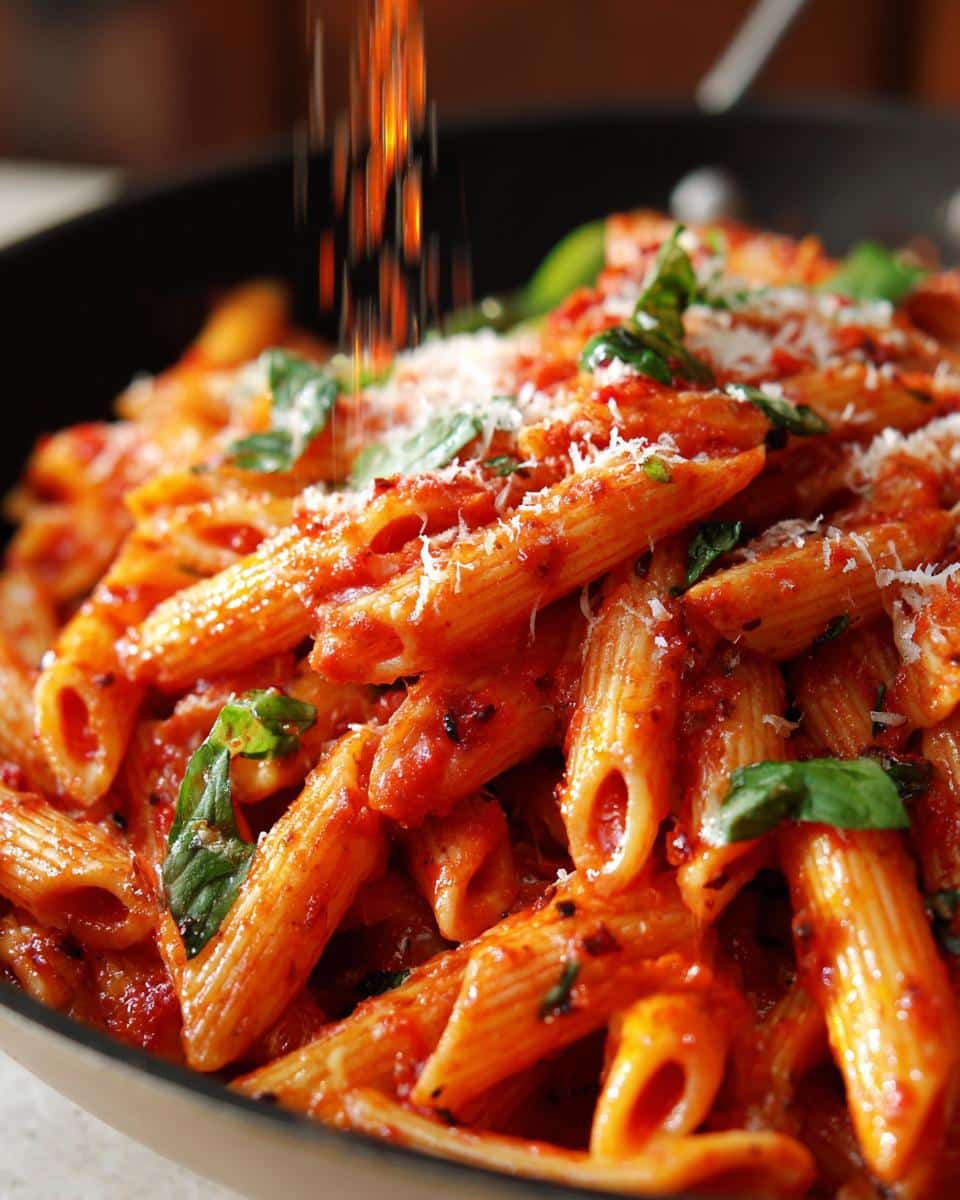 Close-up of penne pasta coated in a vibrant red Spicy Arrabbiata sauce, garnished with fresh basil and grated cheese.