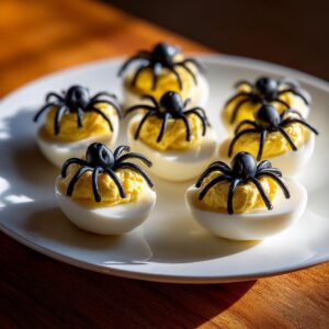 A plate of Spooky Deviled Eggs with Spider Olives, decorated for Halloween with black olive spiders.