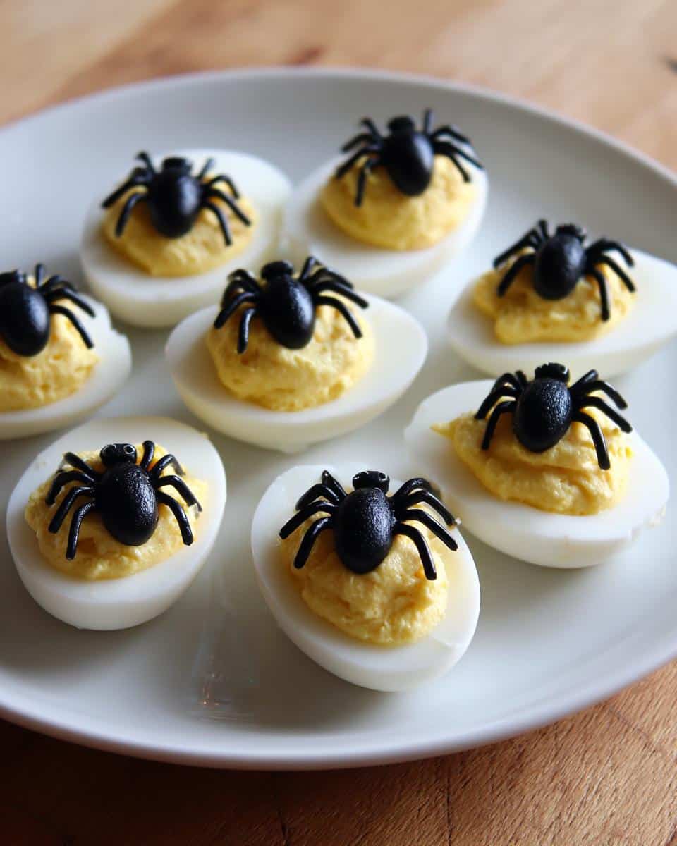 Plate of spooky deviled eggs topped with black spider olives, perfect for Halloween.