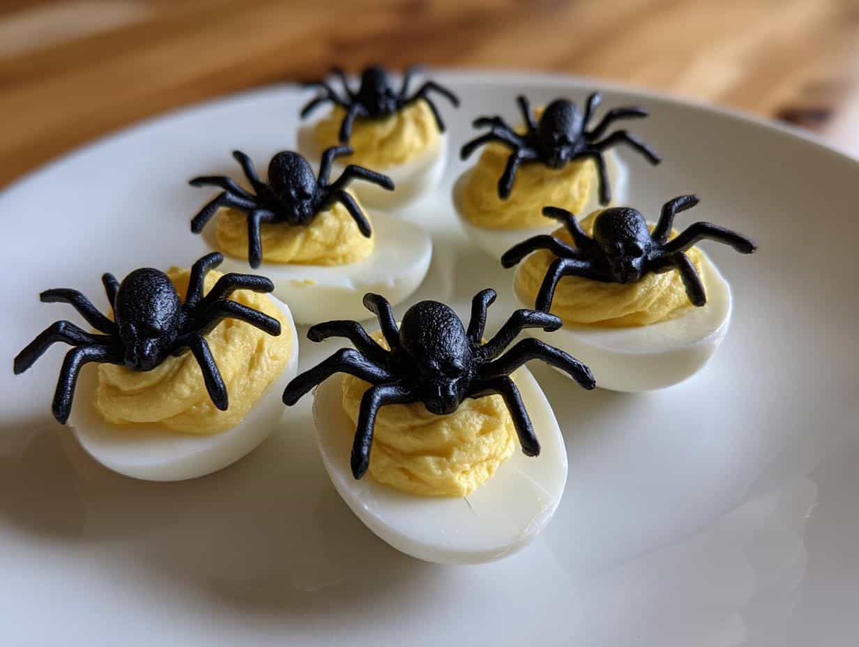 Six spooky deviled eggs topped with black plastic spiders, perfect for Halloween.