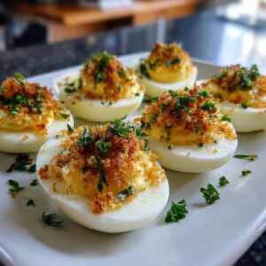 Plate of Tangy Mustard Deviled Eggs with Crunch, topped with breadcrumbs and parsley.