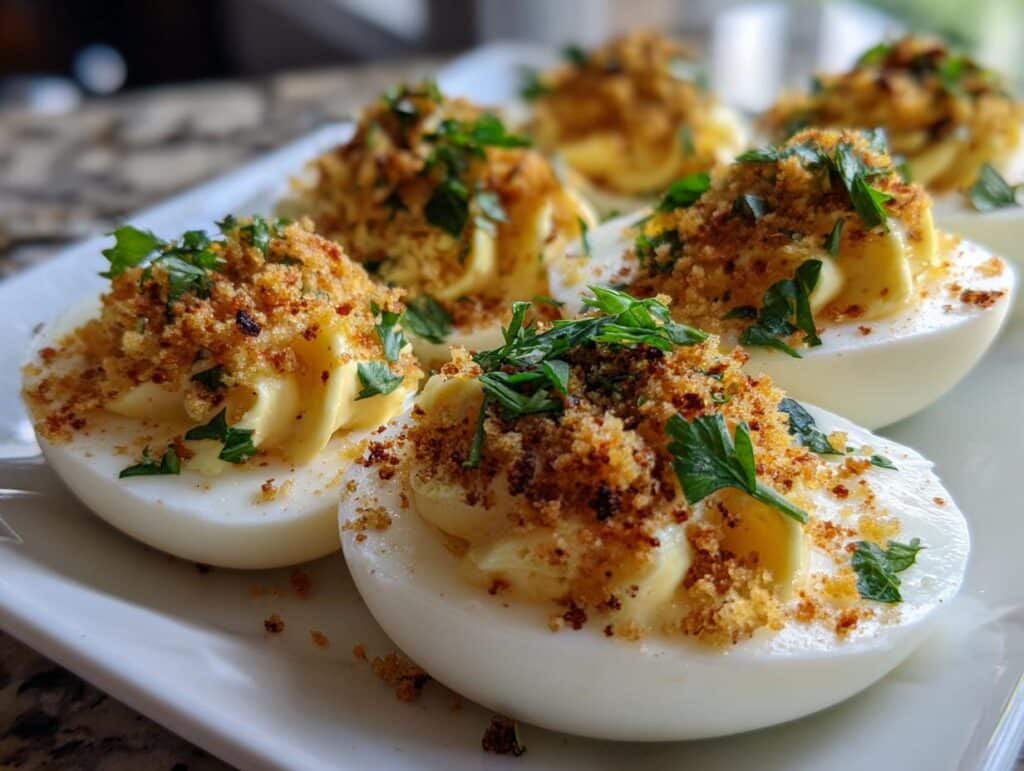 Close-up of Tangy Mustard Deviled Eggs with Crunch, garnished with fresh parsley.