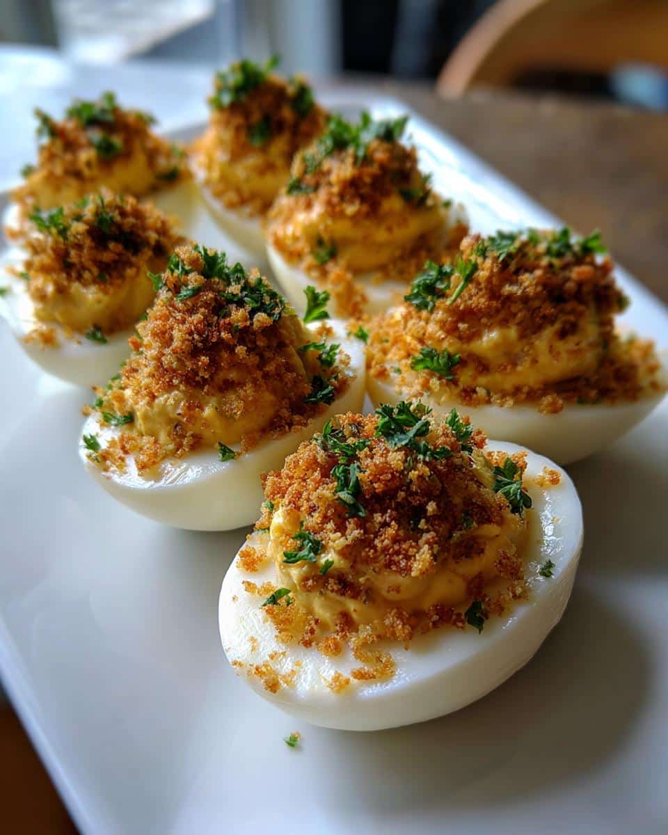 Close-up of Tangy Mustard Deviled Eggs with Crunch, garnished with fresh parsley.