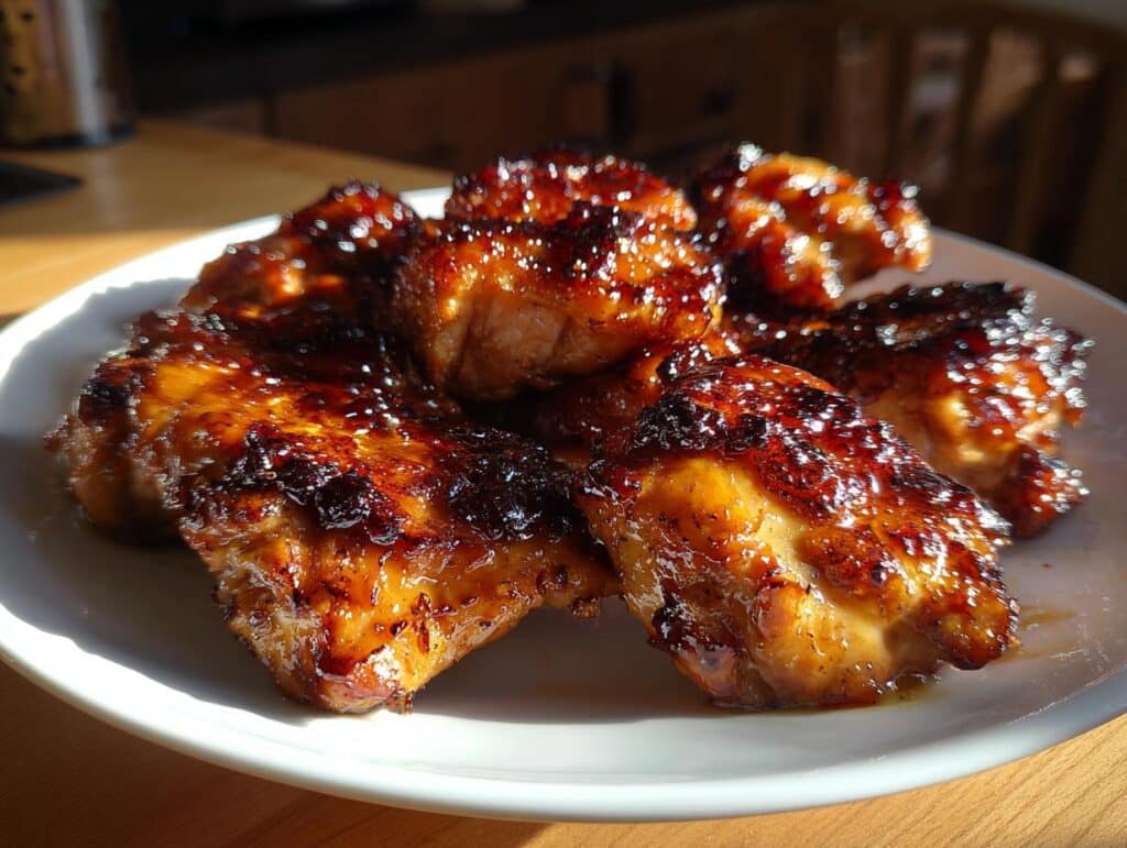 Close-up of juicy Teriyaki Chicken Thighs glazed with a rich, dark sauce on a white plate.