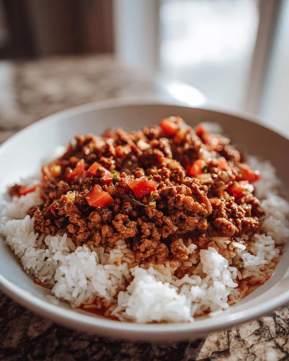 A close-up of a white bowl filled with white rice and topped with seasoned ground beef and diced tomatoes, perfect for what to cook for dinner tonight.